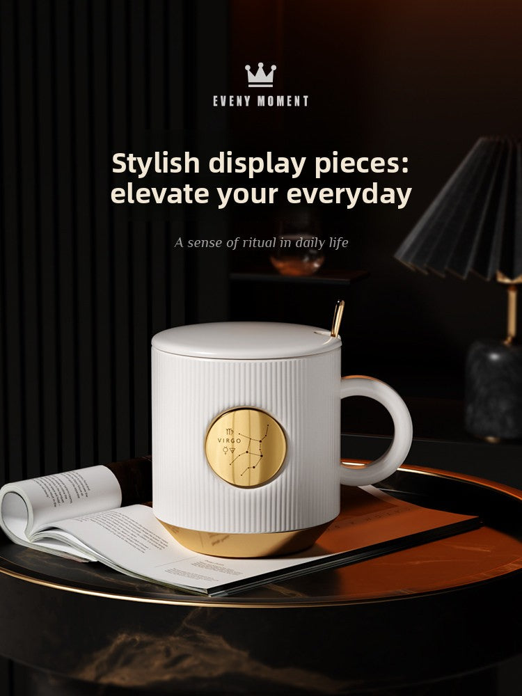 Custom Name Zodiac Mug - Ceramic Coffee Cup with Lid and Spoon, Gift Box Set, Engraved Birthday Present, Souvenir for Couples