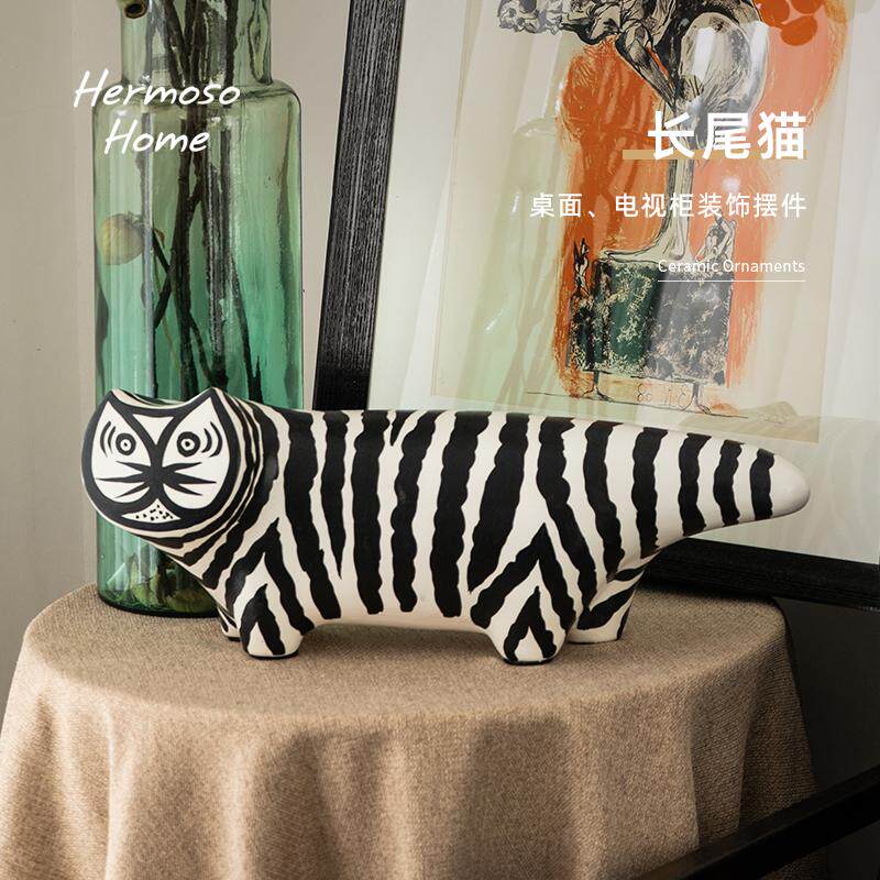 Upturned Tail Cat Ceramic Ornament - Home & Office Decor for TV Stand, Cabinet, or Bar