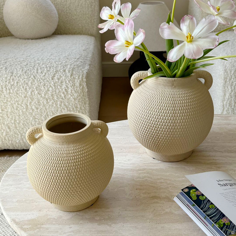Double-Eared Ceramic Vase - Hydroponic Planter & Decorative Figurine for Home, Hotel, or Office Desk For Fresh, Dried Flowers & Artificial Plants