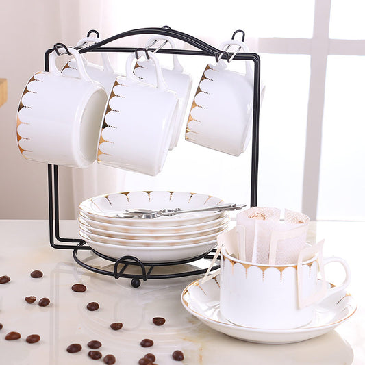 European Style Ceramic Coffee Cup Set - Minimalist 6-Piece Luxury Home Tea & Coffee Mug with Saucer and Spoon