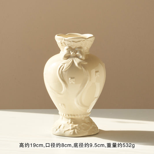 French Style Cream Ceramic Vase - Elegant Relief Decorative Vase for Living Room, Table & Office (For Hydroponics, Fresh Flowers & Dried Flowers)