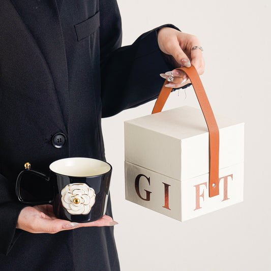 Vintage Gold-Trimmed Camellia Relief Ceramic Mug - Elegant Coffee Cup for Women, Home & Office