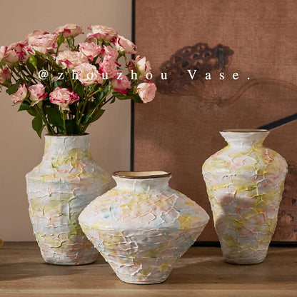 French Style Cream Ceramic Vase - Elegant Relief Decorative Vase for Living Room, Table & Office (For Hydroponics, Fresh Flowers & Dried Flowers)