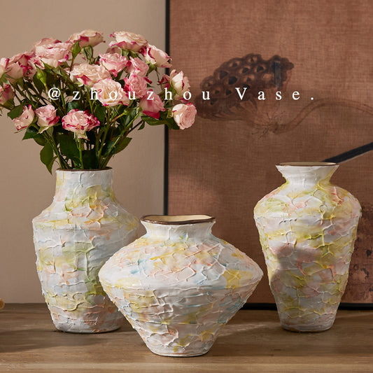 French Style Cream Ceramic Vase - Elegant Relief Decorative Vase for Living Room, Table & Office (For Hydroponics, Fresh Flowers & Dried Flowers)