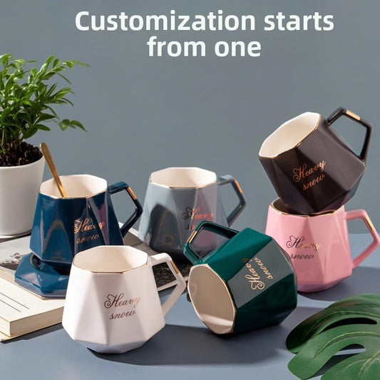 Premium Ceramic Mug with Lid and Spoon - Customizable Coffee Cup, Tea Cup, or Water Tumbler for Men and Women, Perfect for Couples, Personalized with Logo