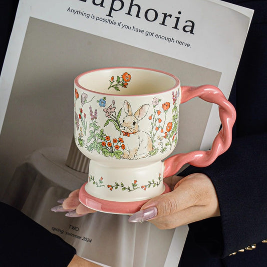 Whimsical Bunny & Floral Mug | Vintage-inspired Ceramic Coffee Cup | Cozy Vibes for Your Home or Desk