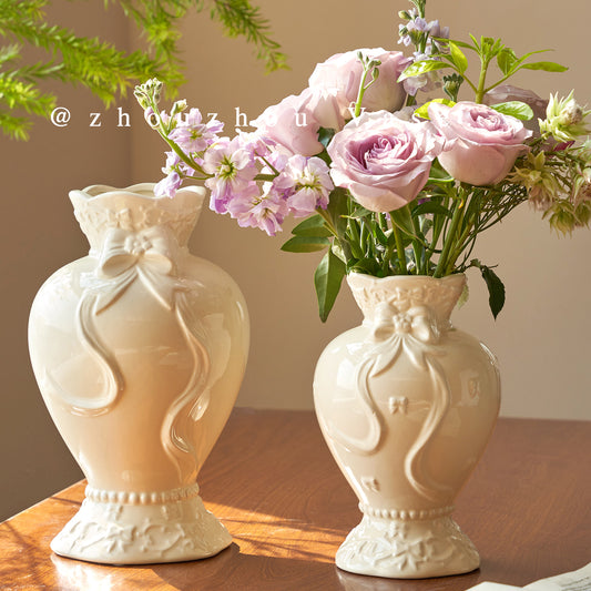 French Style Cream Ceramic Vase - Elegant Relief Decorative Vase for Living Room, Table & Office (For Hydroponics, Fresh Flowers & Dried Flowers)