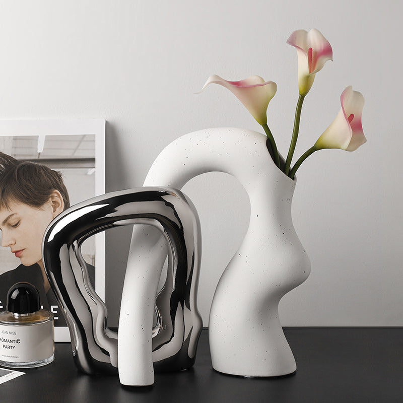 Unique Ceramic Irregular Vase | Sculptural Art Decor for Living Room, TV Stand, Bar Cart | Modern Home Accents for Tabletop Display
