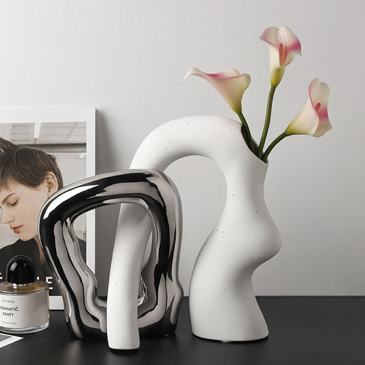 Unique Ceramic Irregular Vase | Sculptural Art Decor for Living Room, TV Stand, Bar Cart | Modern Home Accents for Tabletop Display