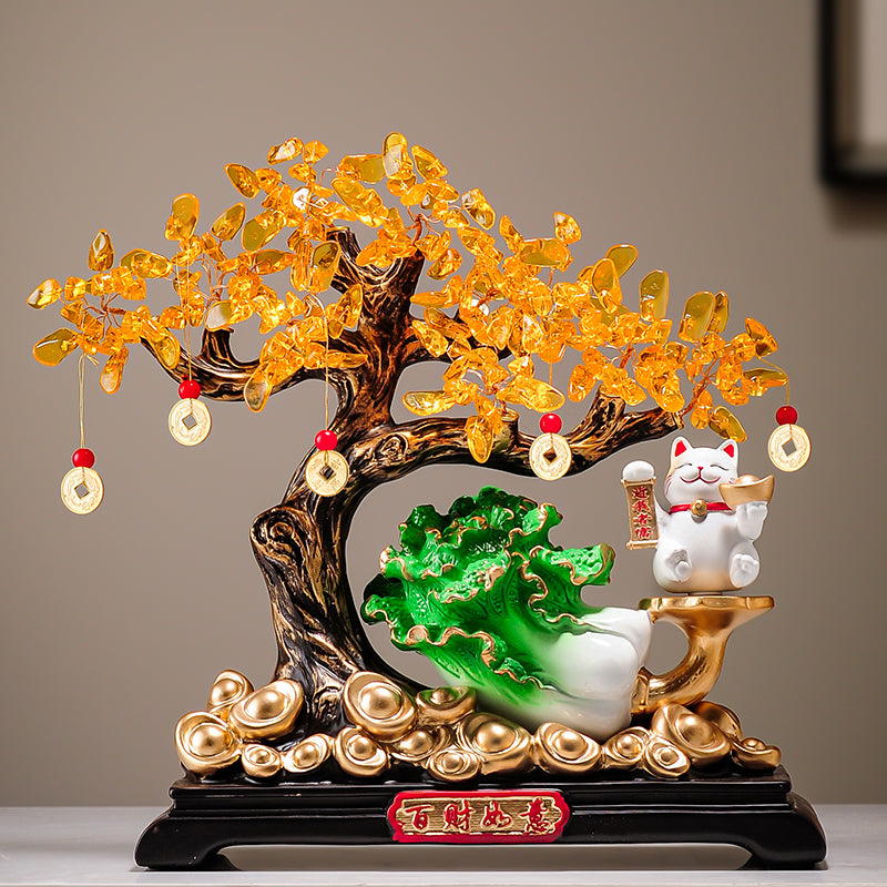 New Chinese Style Cabbage & Money Tree Figurine - Auspicious Living Room Decor for TV Stand, Foyer & Office (Perfect Gift for Housewarming & Business Opening)