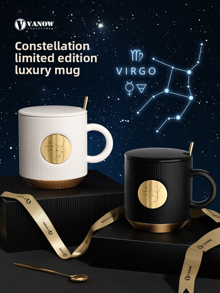 Custom Name Zodiac Mug - Ceramic Coffee Cup with Lid and Spoon, Gift Box Set, Engraved Birthday Present, Souvenir for Couples