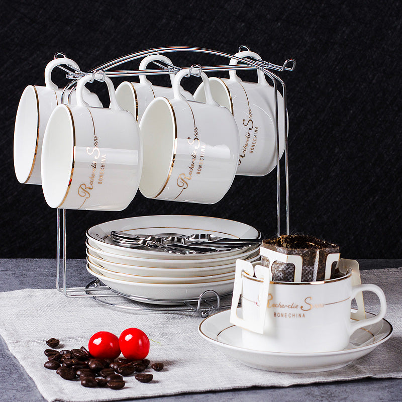 European Style Ceramic Coffee Cup Set - Minimalist 6-Piece Luxury Home Tea & Coffee Mug with Saucer and Spoon