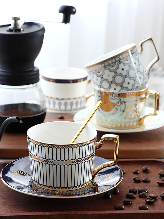 Luxury Bone China Coffee Cup and Saucer Set, Exquisite English Afternoon Tea Set, Ceramic Tea Set with Gloden Spoon