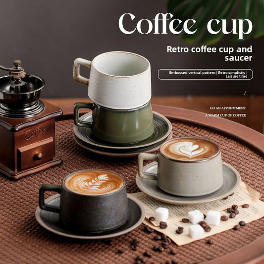 Japanese Retro Coffee Cup Set - Creative Coarse Pottery with Latte Art, High-End Iron Handle Mug for Home Use