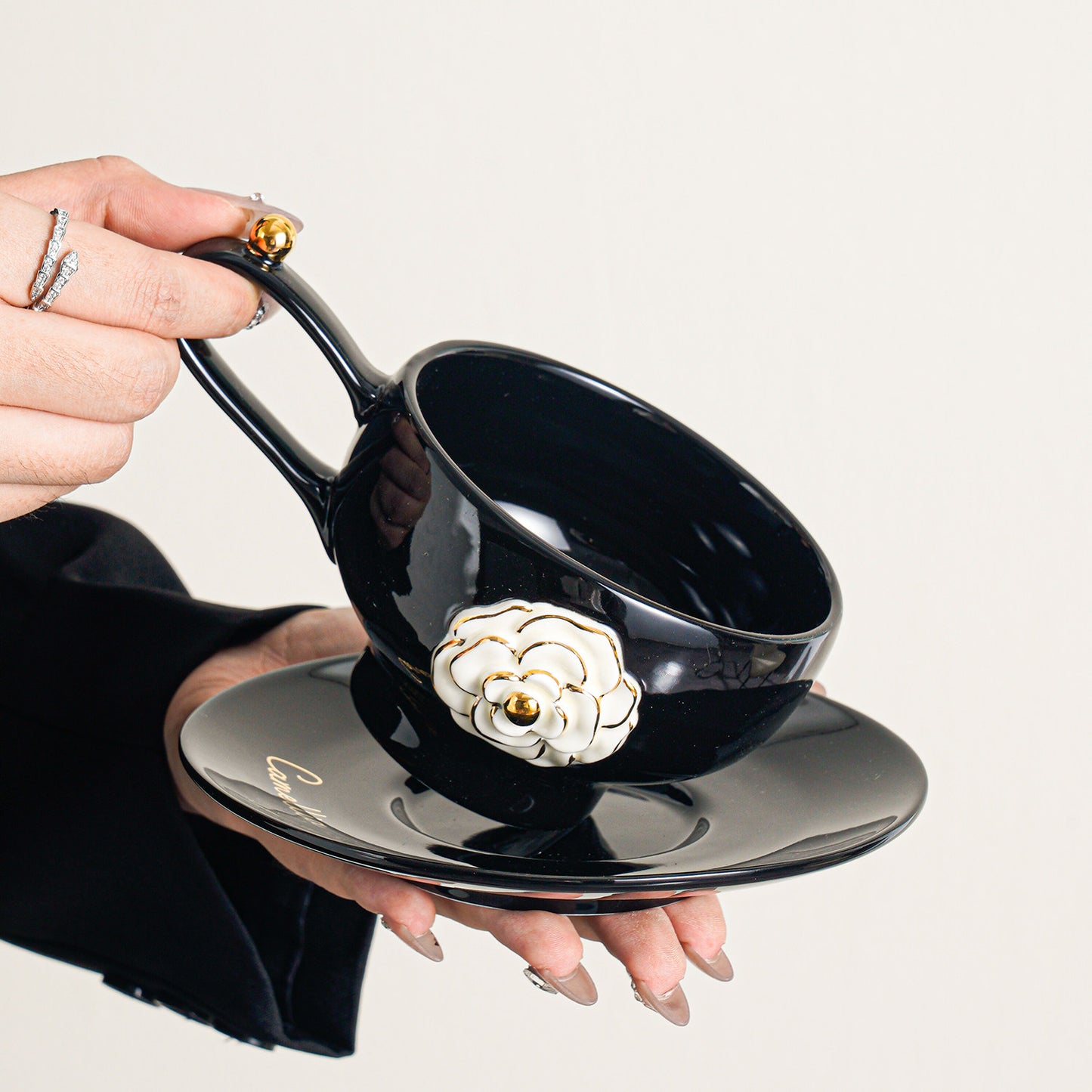 Luxury Vintage Camellia Ceramic Coffee Mug - Elegant High-End Tea Cup Set for Afternoon Latte