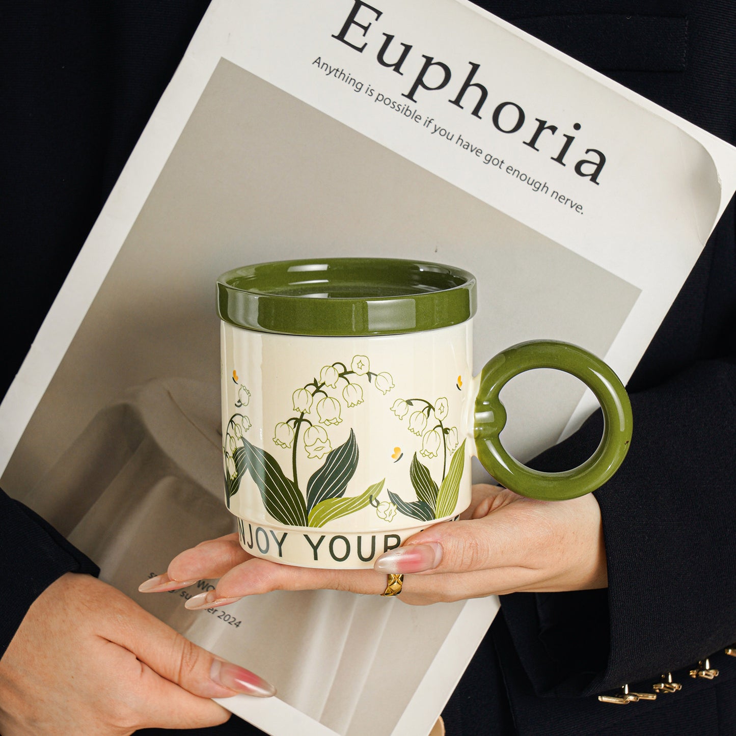 Lily of the Valley Flowering Mug - Coffee Cup with Lid, Breakfast Cereal Cup