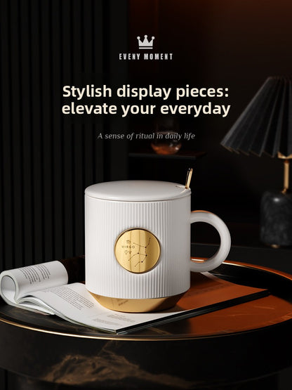 Custom Name Zodiac Mug - Ceramic Coffee Cup with Lid and Spoon, Gift Box Set, Engraved Birthday Present, Souvenir for Couples