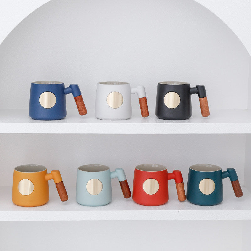 Custom Logo Mugs, Personalized Coffee Cups, Wooden Handle Mugs with Nameplate, Corporate Souvenirs, High Table Cups