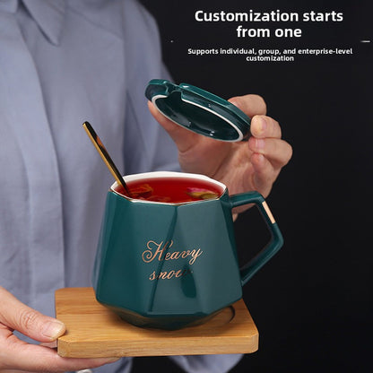 Premium Ceramic Mug with Lid and Spoon - Customizable Coffee Cup, Tea Cup, or Water Tumbler for Men and Women, Perfect for Couples, Personalized with Logo