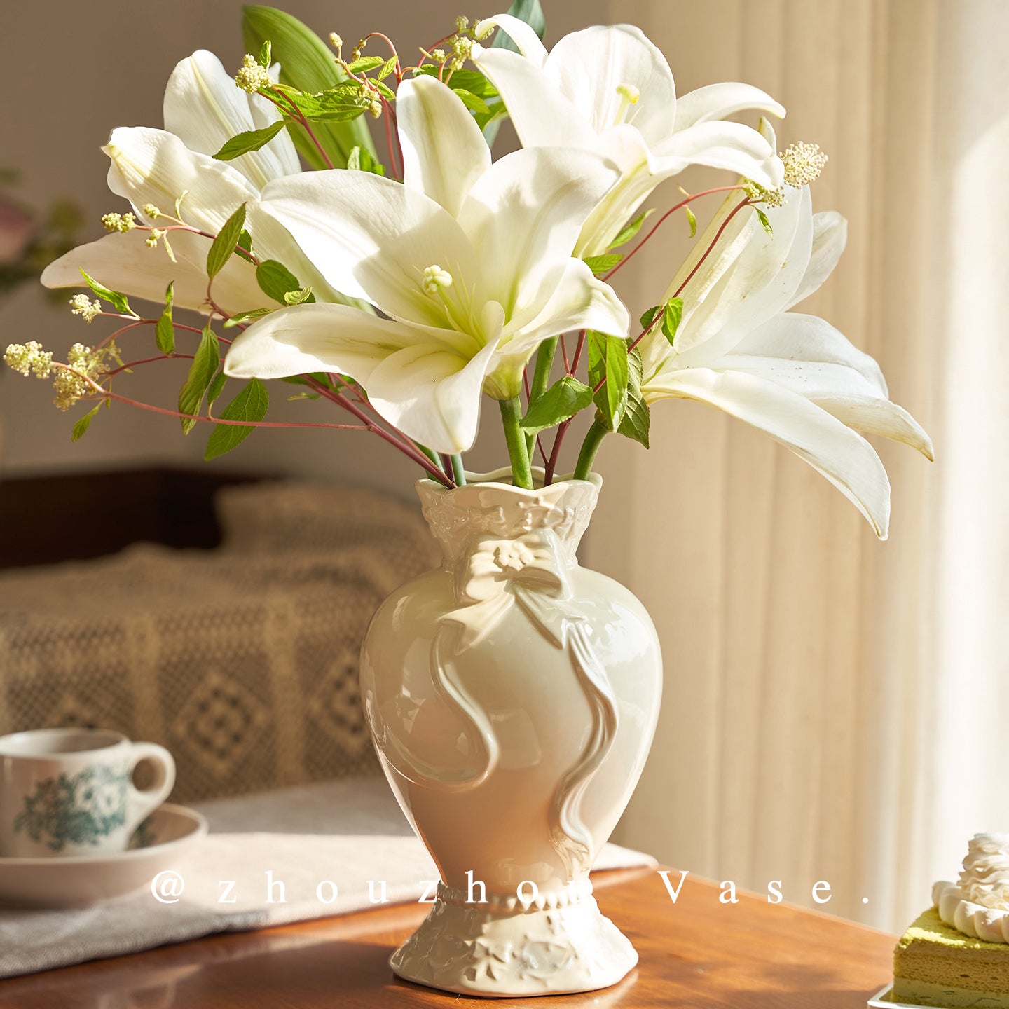 French Style Cream Ceramic Vase - Elegant Relief Decorative Vase for Living Room, Table & Office (For Hydroponics, Fresh Flowers & Dried Flowers)