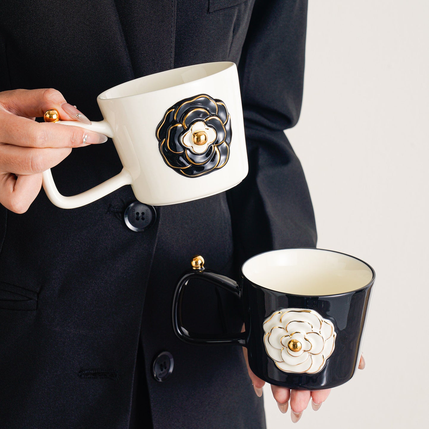 Vintage Gold-Trimmed Camellia Relief Ceramic Mug - Elegant Coffee Cup for Women, Home & Office