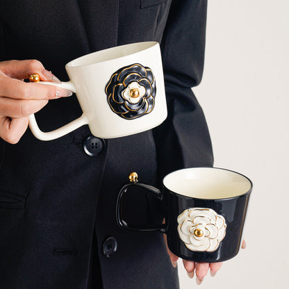 Vintage Gold-Trimmed Camellia Relief Ceramic Mug - Elegant Coffee Cup for Women, Home & Office
