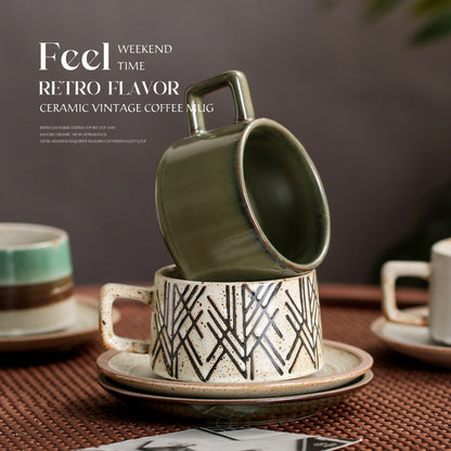 Japanese Retro Coffee Cup Set - Creative Coarse Pottery with Latte Art, High-End Iron Handle Mug for Home Use
