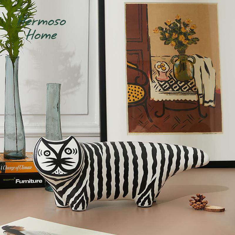 Upturned Tail Cat Ceramic Ornament - Home & Office Decor for TV Stand, Cabinet, or Bar