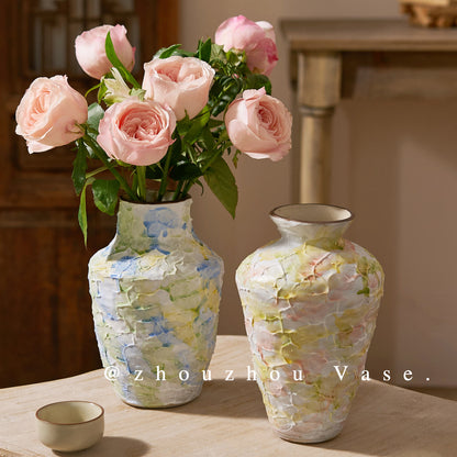 French Style Cream Ceramic Vase - Elegant Relief Decorative Vase for Living Room, Table & Office (For Hydroponics, Fresh Flowers & Dried Flowers)