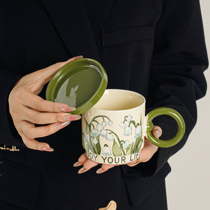 Lily of the Valley Flowering Mug - Coffee Cup with Lid, Breakfast Cereal Cup