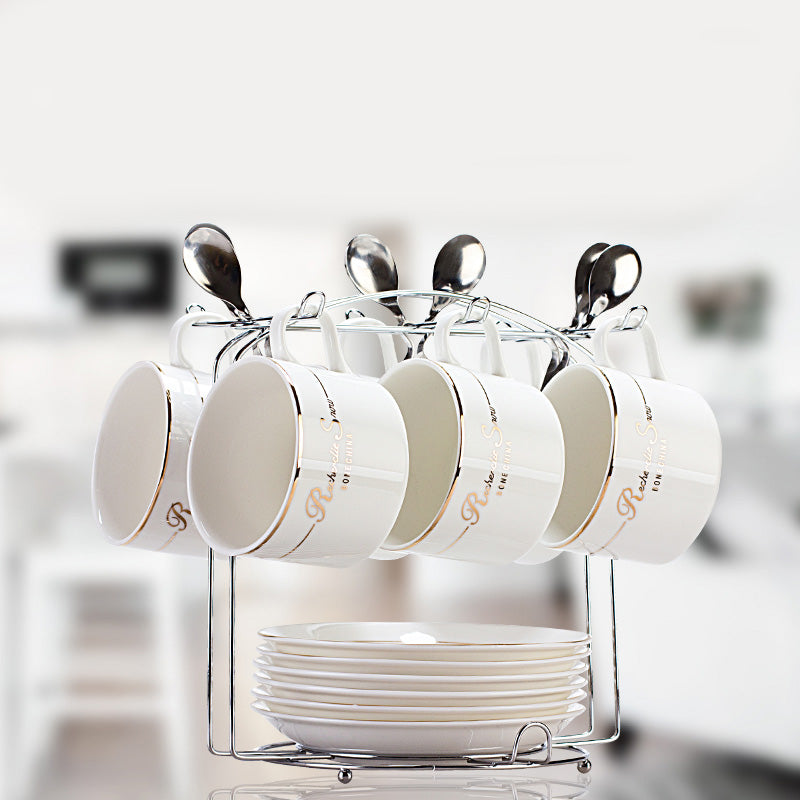 European Style Ceramic Coffee Cup Set - Minimalist 6-Piece Luxury Home Tea & Coffee Mug with Saucer and Spoon