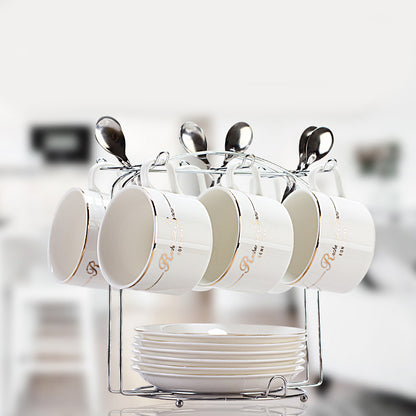 European Style Ceramic Coffee Cup Set - Minimalist 6-Piece Luxury Home Tea & Coffee Mug with Saucer and Spoon