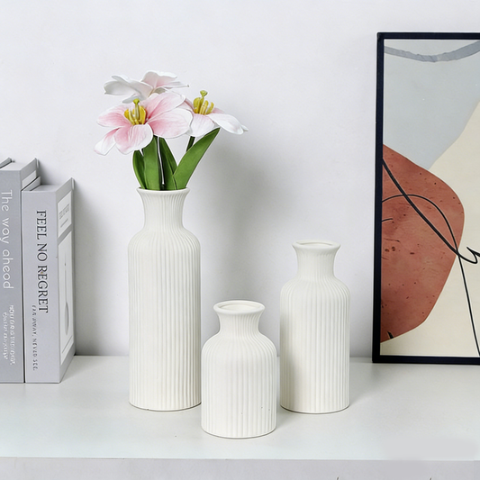 White Scandinavian Creative Ceramic Vase Set of 3 – Modern Decorative Flower Vases for Dry & Fresh Flowers, Tabletop Centerpiece for Dining Room & Living Room