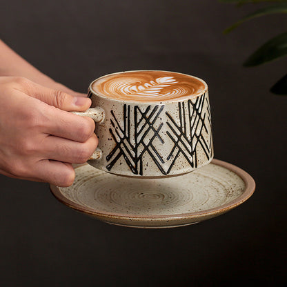 Japanese Retro Coffee Cup Set - Creative Coarse Pottery with Latte Art, High-End Iron Handle Mug for Home Use