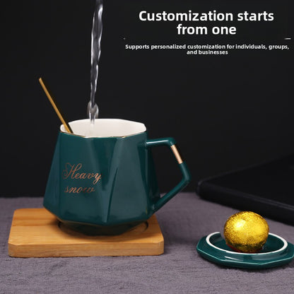 Premium Ceramic Mug with Lid and Spoon - Customizable Coffee Cup, Tea Cup, or Water Tumbler for Men and Women, Perfect for Couples, Personalized with Logo