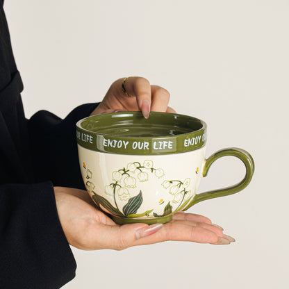 Lily of the Valley Flowering Mug - Coffee Cup with Lid, Breakfast Cereal Cup