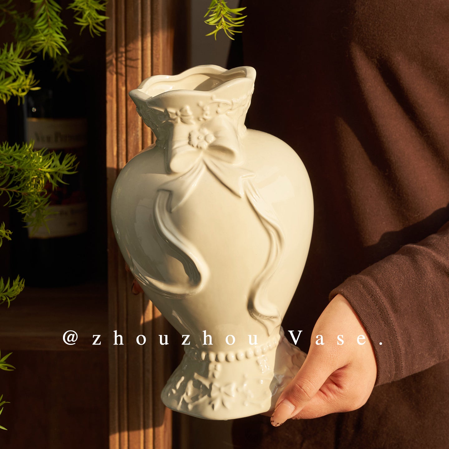 French Style Cream Ceramic Vase - Elegant Relief Decorative Vase for Living Room, Table & Office (For Hydroponics, Fresh Flowers & Dried Flowers)