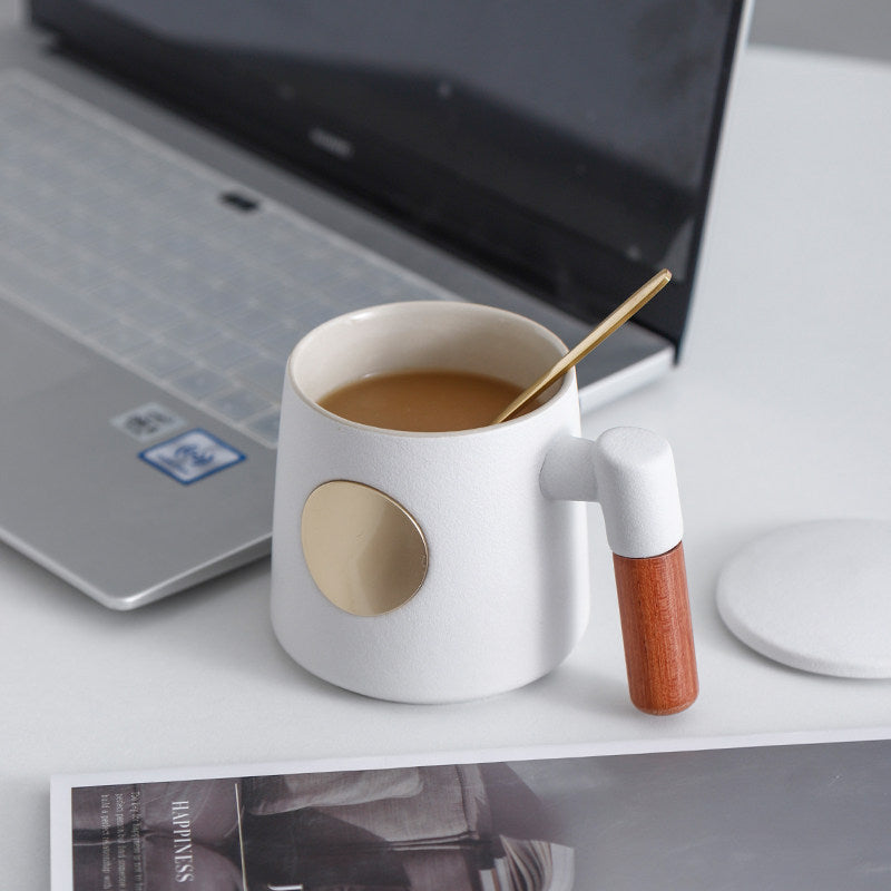 Custom Logo Mugs, Personalized Coffee Cups, Wooden Handle Mugs with Nameplate, Corporate Souvenirs, High Table Cups