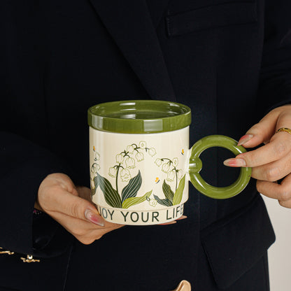 Lily of the Valley Flowering Mug - Coffee Cup with Lid, Breakfast Cereal Cup