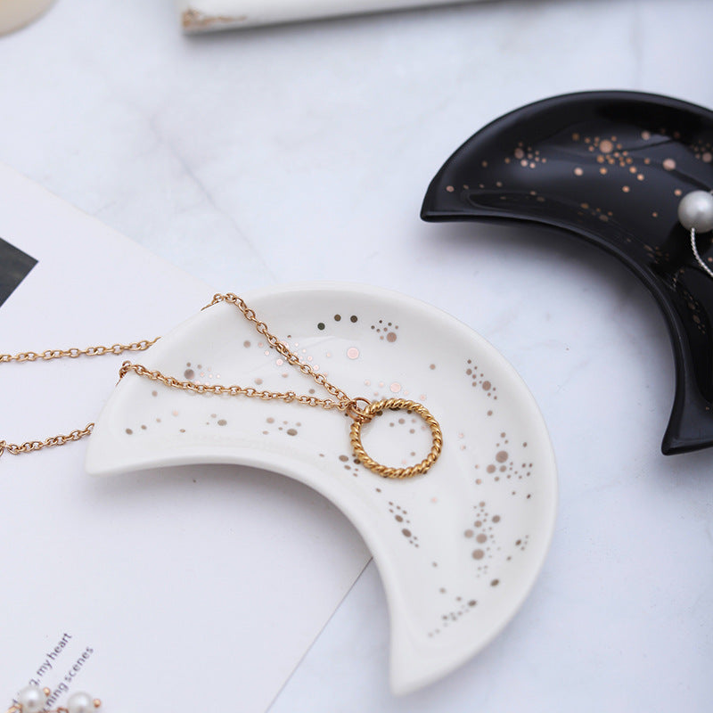 Nordic Style Ceramic Moon Trinket Dish - Creative Home Decorative Plate for Necklace and Ring Storage