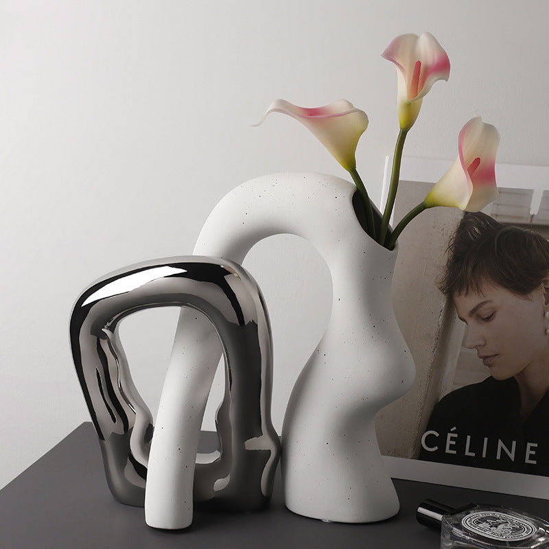 Unique Ceramic Irregular Vase | Sculptural Art Decor for Living Room, TV Stand, Bar Cart | Modern Home Accents for Tabletop Display