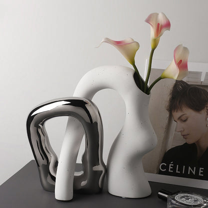 Unique Ceramic Irregular Vase | Sculptural Art Decor for Living Room, TV Stand, Bar Cart | Modern Home Accents for Tabletop Display
