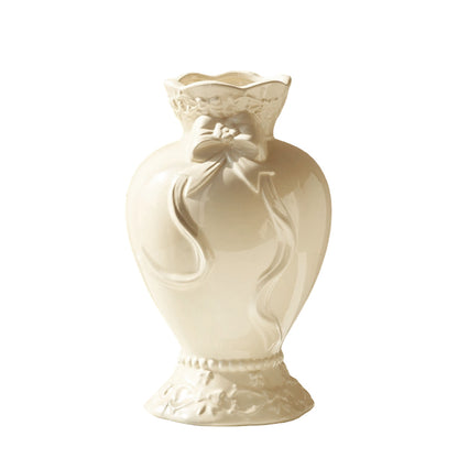 French Style Cream Ceramic Vase - Elegant Relief Decorative Vase for Living Room, Table & Office (For Hydroponics, Fresh Flowers & Dried Flowers)
