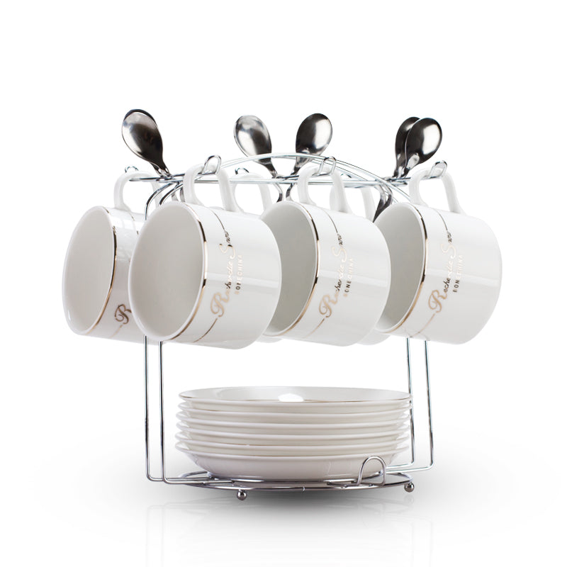 European Style Ceramic Coffee Cup Set - Minimalist 6-Piece Luxury Home Tea & Coffee Mug with Saucer and Spoon