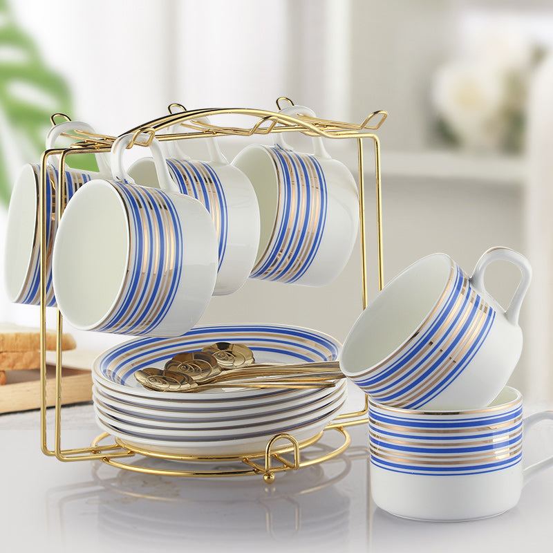 European Style Ceramic Coffee Cup Set - Minimalist 6-Piece Luxury Home Tea & Coffee Mug with Saucer and Spoon