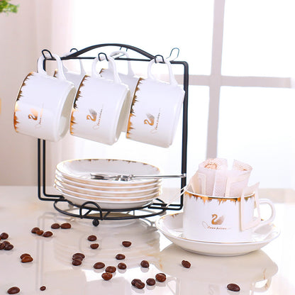 European Style Ceramic Coffee Cup Set - Minimalist 6-Piece Luxury Home Tea & Coffee Mug with Saucer and Spoon