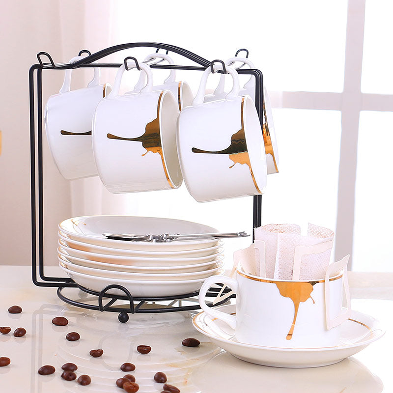 European Style Ceramic Coffee Cup Set - Minimalist 6-Piece Luxury Home Tea & Coffee Mug with Saucer and Spoon