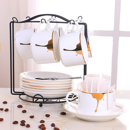 European Style Ceramic Coffee Cup Set - Minimalist 6-Piece Luxury Home Tea & Coffee Mug with Saucer and Spoon