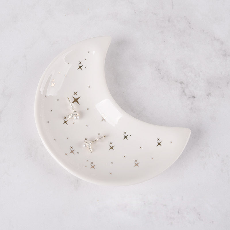 Nordic Style Ceramic Moon Trinket Dish - Creative Home Decorative Plate for Necklace and Ring Storage