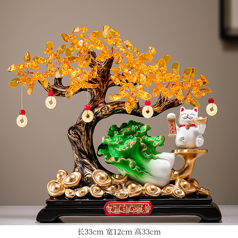 New Chinese Style Cabbage & Money Tree Figurine - Auspicious Living Room Decor for TV Stand, Foyer & Office (Perfect Gift for Housewarming & Business Opening)
